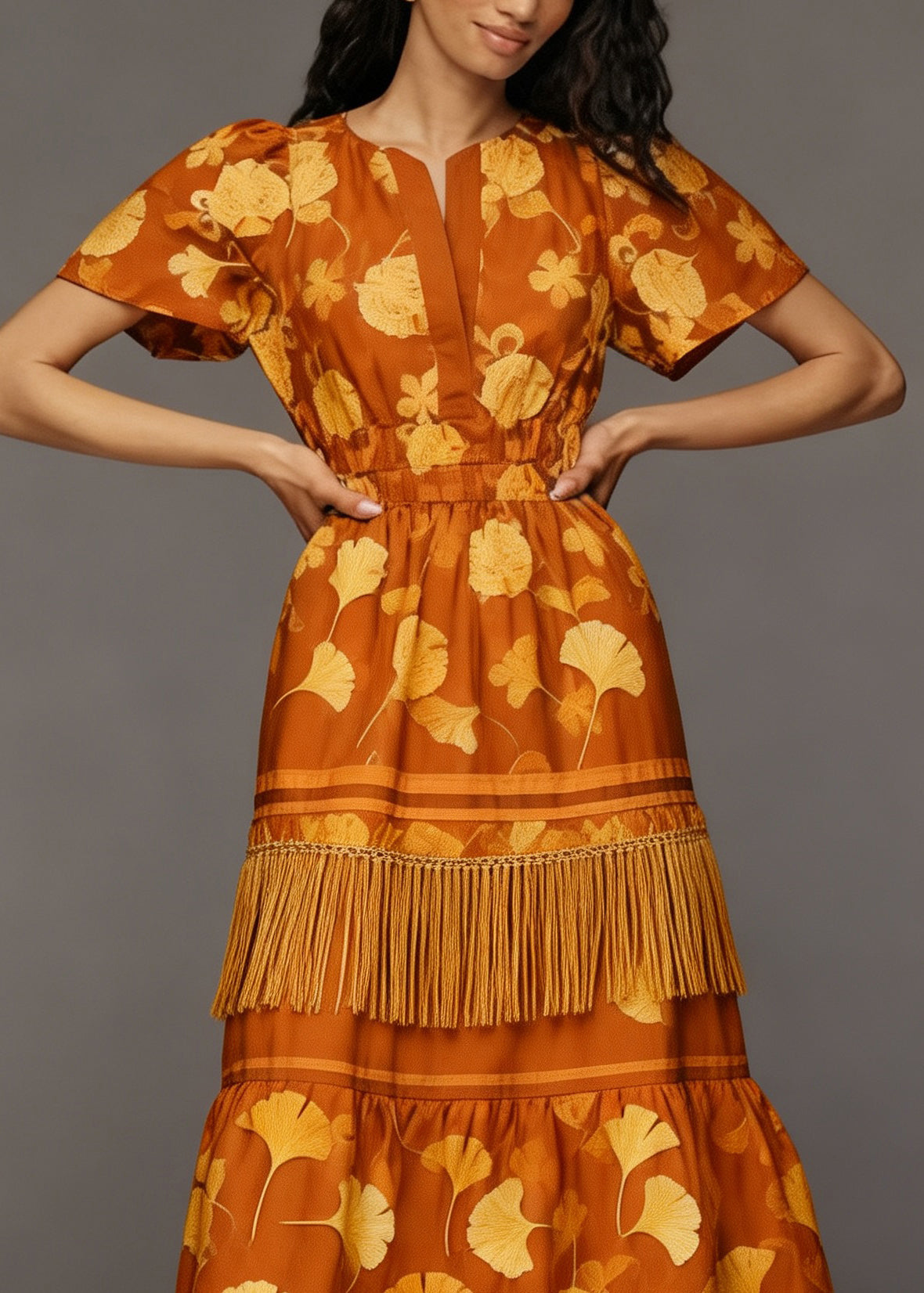 Beautiful Orange O Neck Print Tassel Patchwork Cotton Dresses Summer