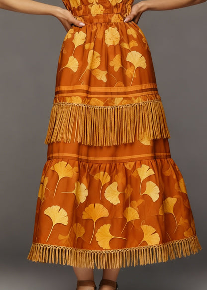 Beautiful Orange O Neck Print Tassel Patchwork Cotton Dresses Summer