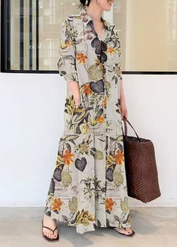 Beautiful Orange Oversized Print Linen Holiday Dress Fall