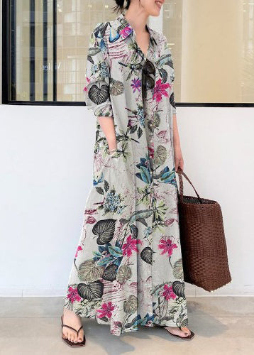 Beautiful Orange Oversized Print Linen Holiday Dress Fall