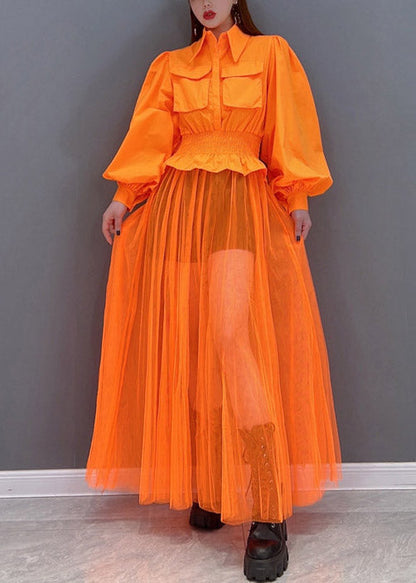 Beautiful Orange Peter Pan Collar Elastic Waist Pocket Tulle Patchwork Shirt Dress lantern sleeve
