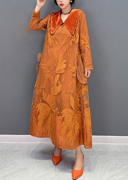 Beautiful Orange Sailor Collar Embroideried Thick Tulle Dress Winter