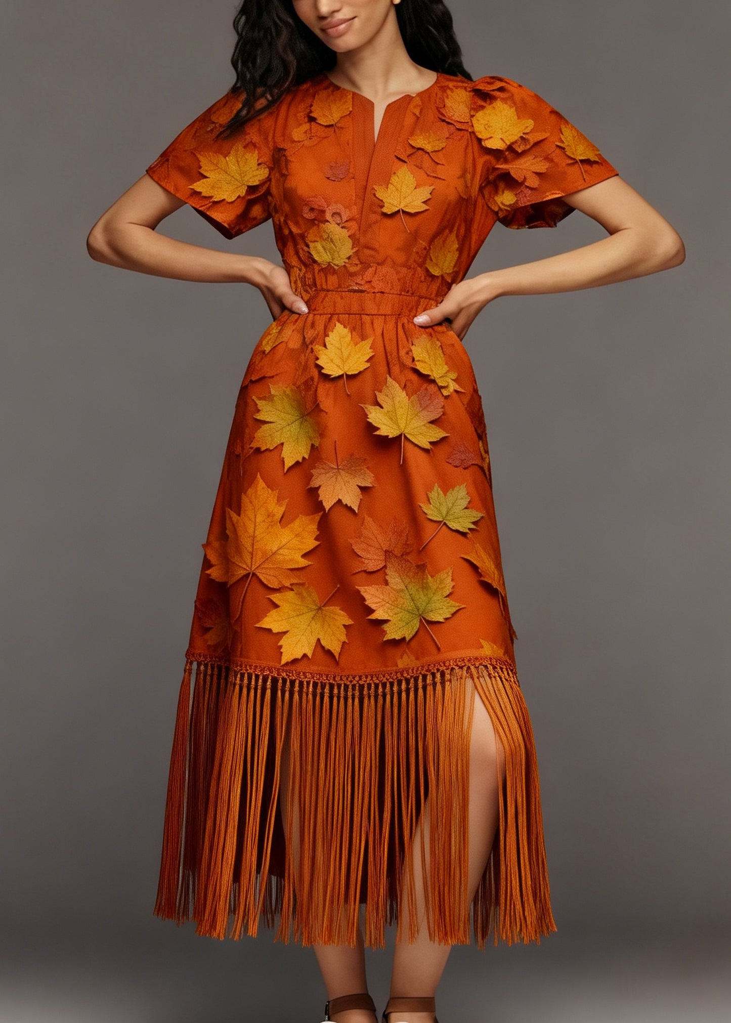 Beautiful Orange Tasseled Patchwork Cotton Maxi Dress Summer