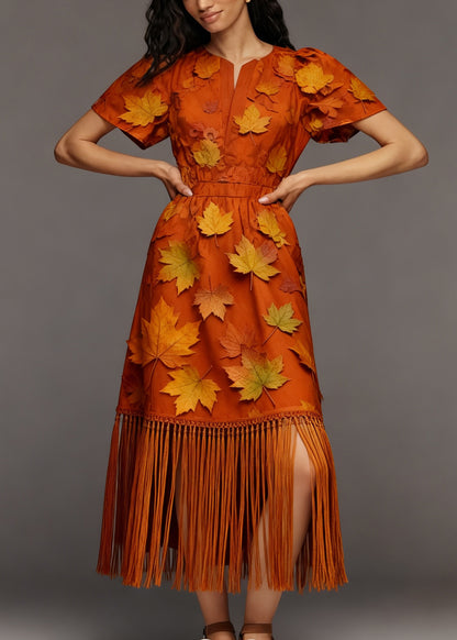 Beautiful Orange Tasseled Patchwork Cotton Maxi Dress Summer