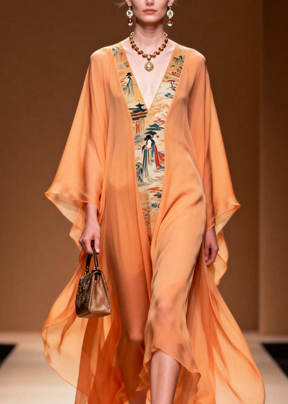Beautiful Orange V Neck Print Patchwork Chiffon Dress Spring