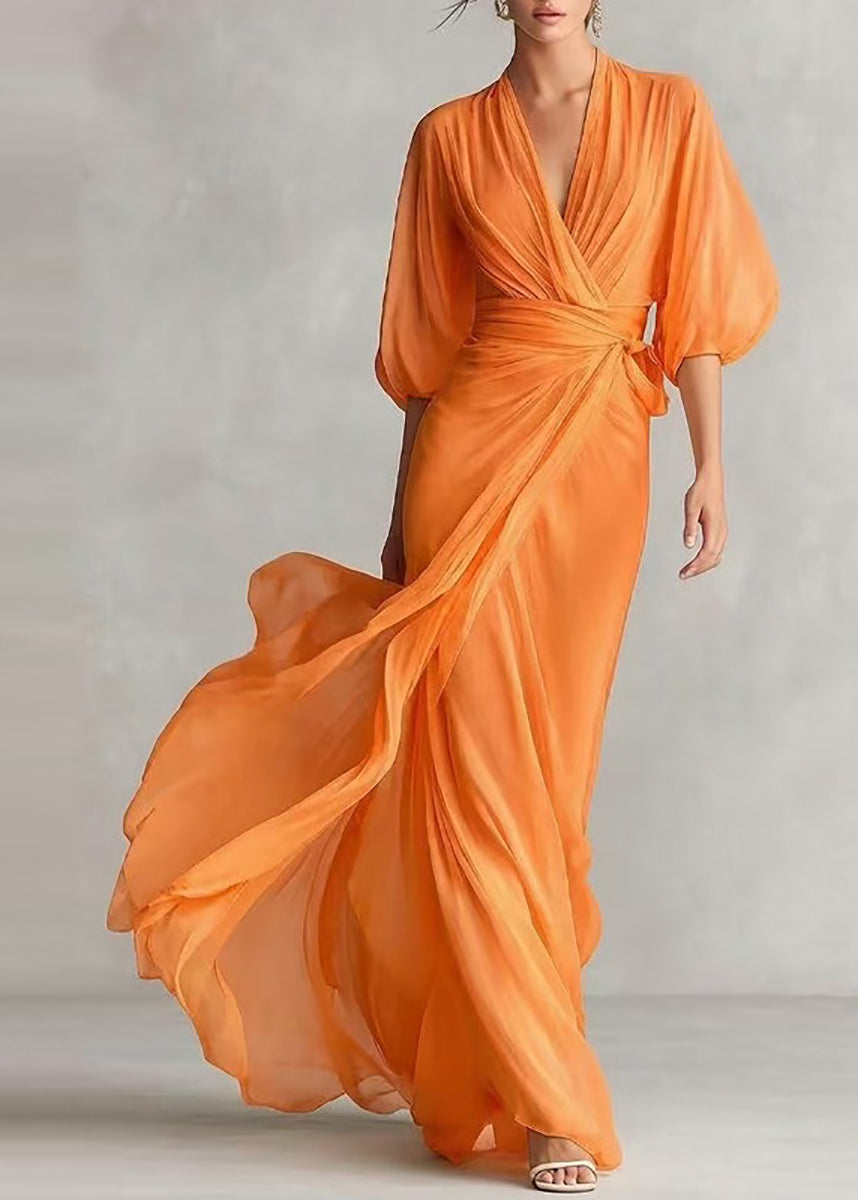 Beautiful Orange V Neck Tie Waist Exra Large Hem Dresses Lantern Sleeve