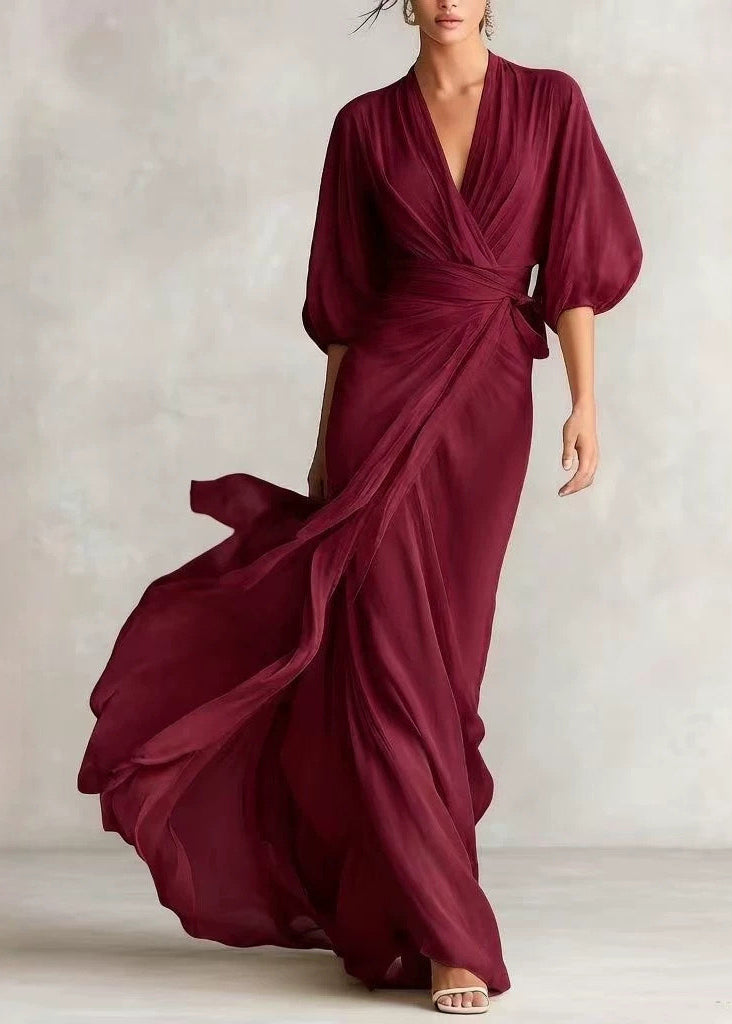 Beautiful Orange V Neck Tie Waist Exra Large Hem Dresses Lantern Sleeve