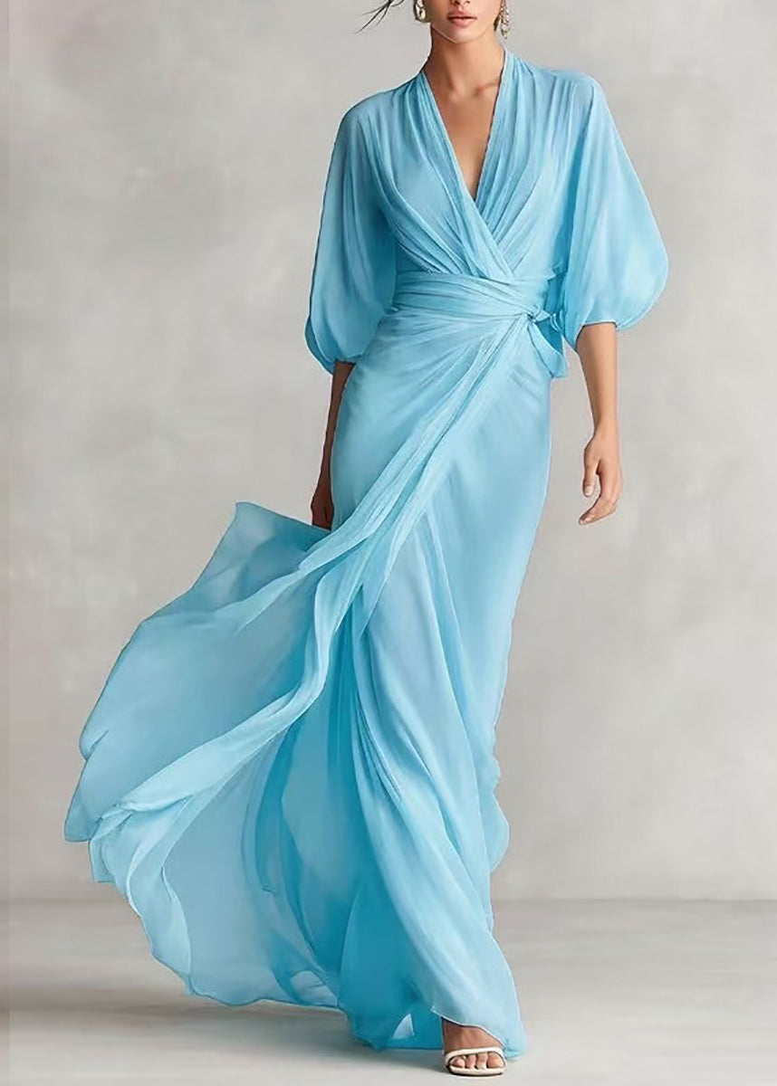 Beautiful Orange V Neck Tie Waist Exra Large Hem Dresses Lantern Sleeve