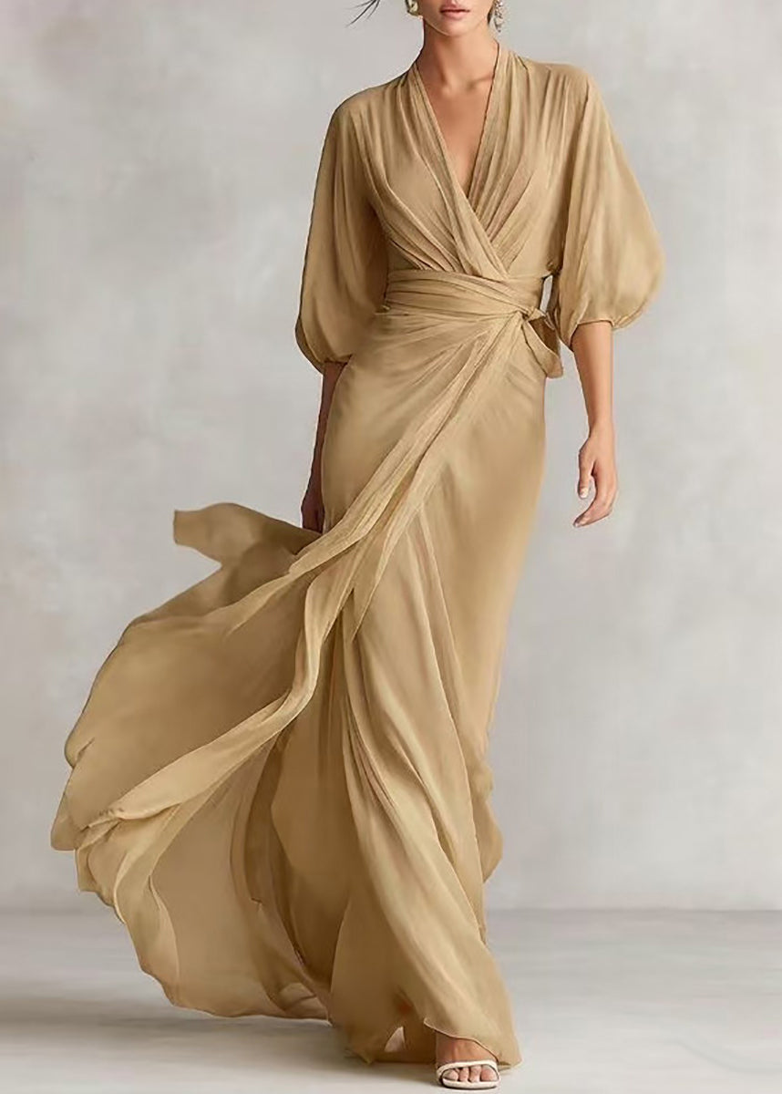 Beautiful Orange V Neck Tie Waist Exra Large Hem Dresses Lantern Sleeve