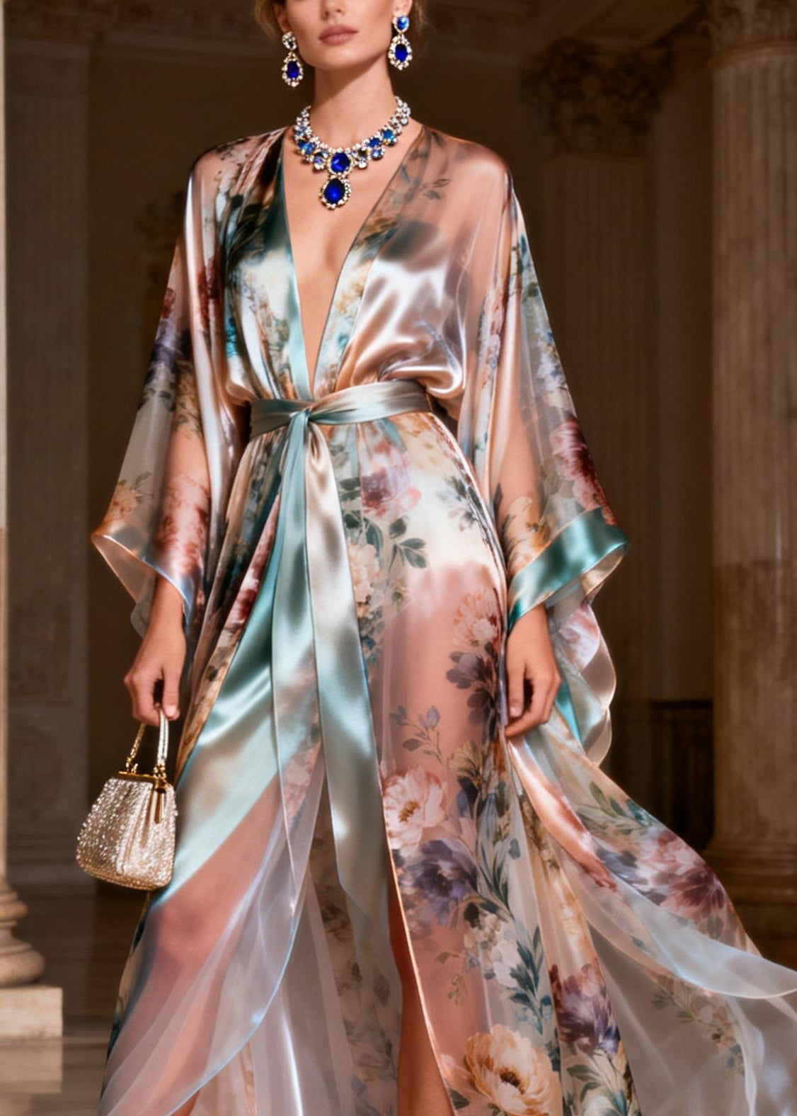 Beautiful Patchwork Tie Waist Silk Long Dresses Flare Sleeve