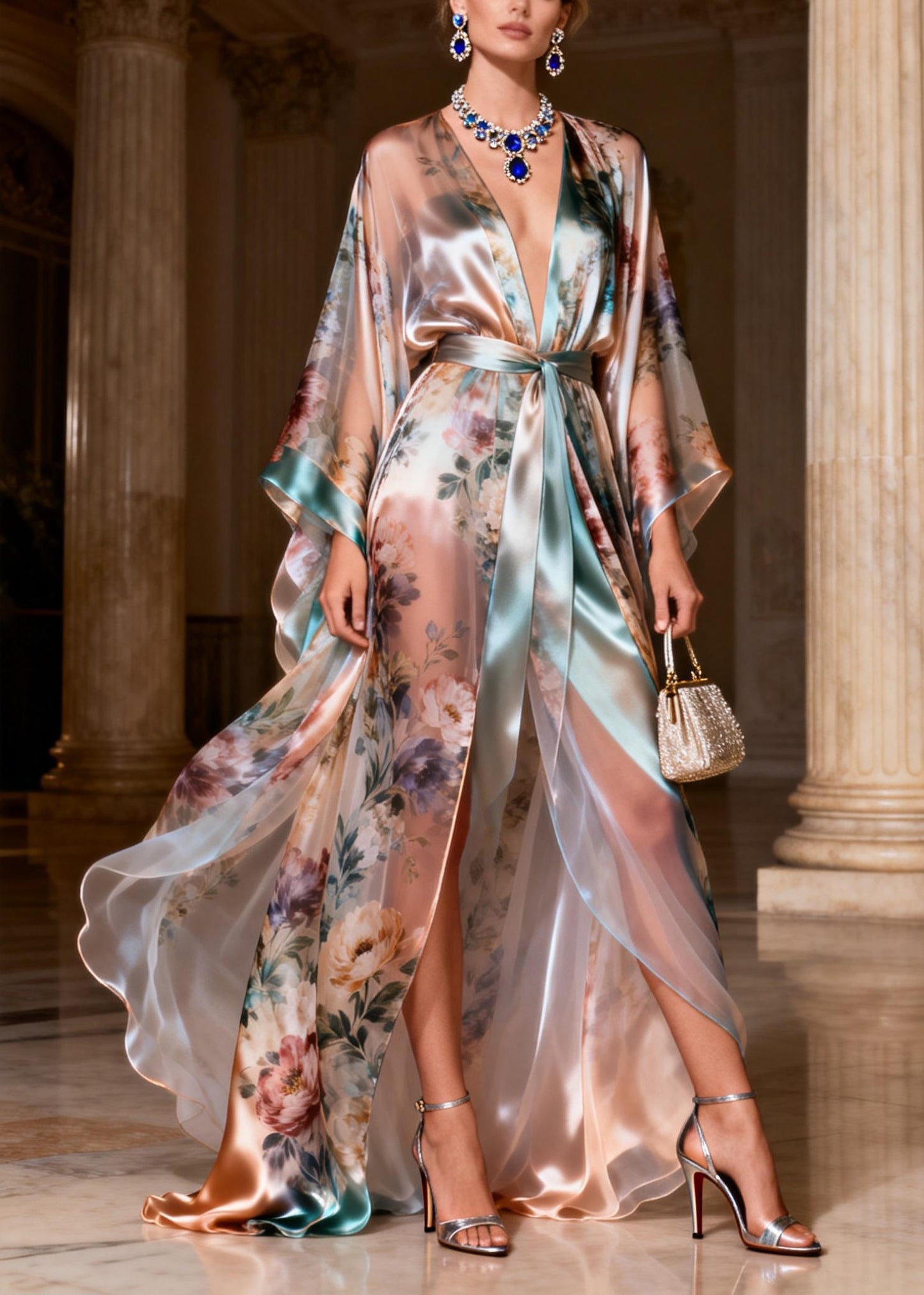 Beautiful Patchwork Tie Waist Silk Long Dresses Flare Sleeve