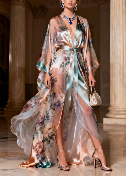 Beautiful Patchwork Tie Waist Silk Long Dresses Flare Sleeve