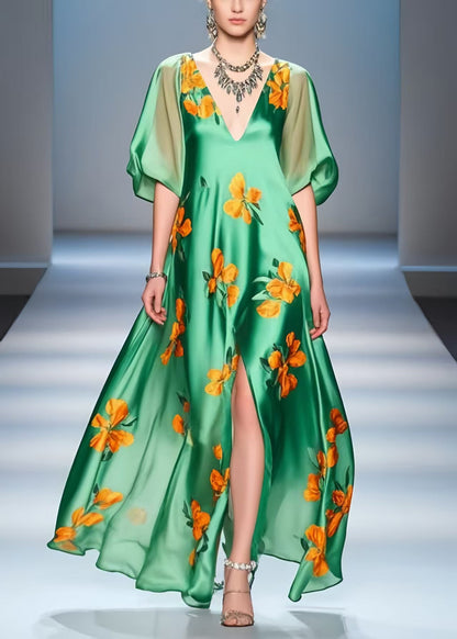 Beautiful Peacock Green Print Side Open Silk A Line Dresses Summer