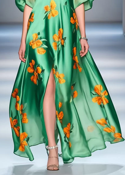 Beautiful Peacock Green Print Side Open Silk A Line Dresses Summer