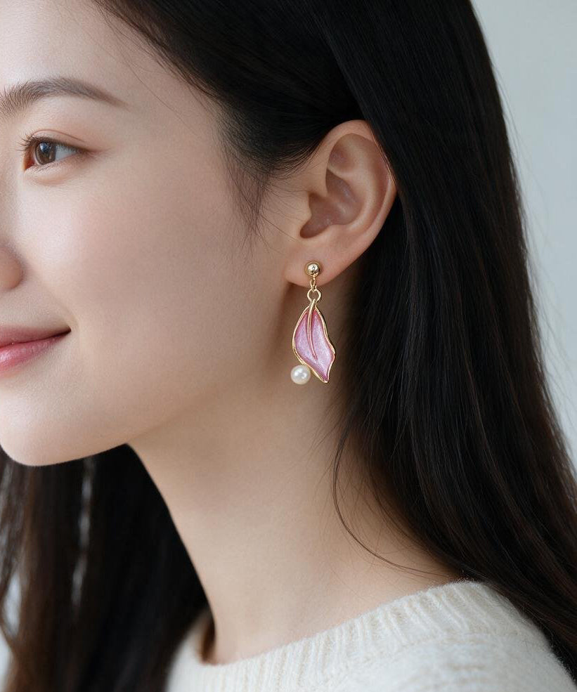 Beautiful Pearl Leaves Metal Drop Earrings