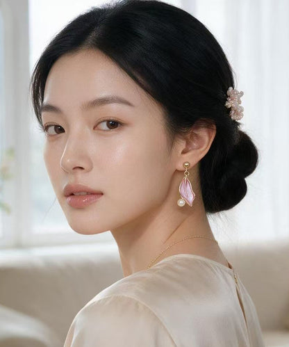 Beautiful Pearl Leaves Metal Drop Earrings