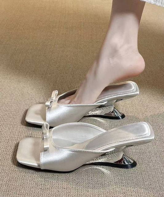 Beautiful Peep Toe Wedge White Satin Slide Sandals
