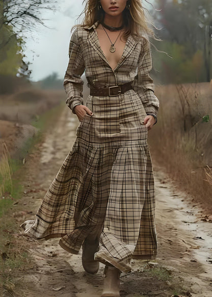 Beautiful Peter Pan Collar Plaid Patchwork Cotton Long Dress Spring