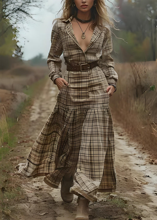 Beautiful Peter Pan Collar Plaid Patchwork Cotton Long Dress Spring