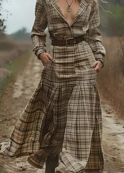 Beautiful Peter Pan Collar Plaid Patchwork Cotton Long Dress Spring