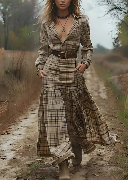 Beautiful Peter Pan Collar Plaid Patchwork Cotton Long Dress Spring