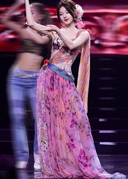 Beautiful Pink Asymmetrical Print Tunic Maxi Dresses Sleeveless