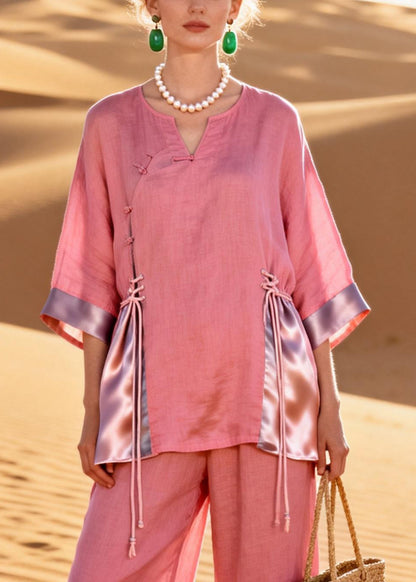 Beautiful Pink Button Lace Up Patchwork Silk Linen Two Piece Set Bracelet Sleeve