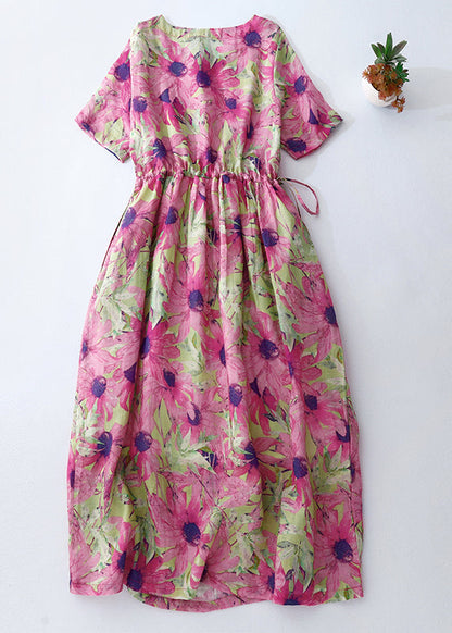 Beautiful Pink Cinched Print Linen Vacation Dresses Summer