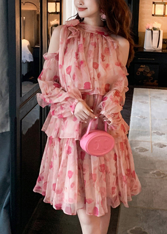 Beautiful Pink Cold Shoulder Print Chiffon Mid Dress Summer