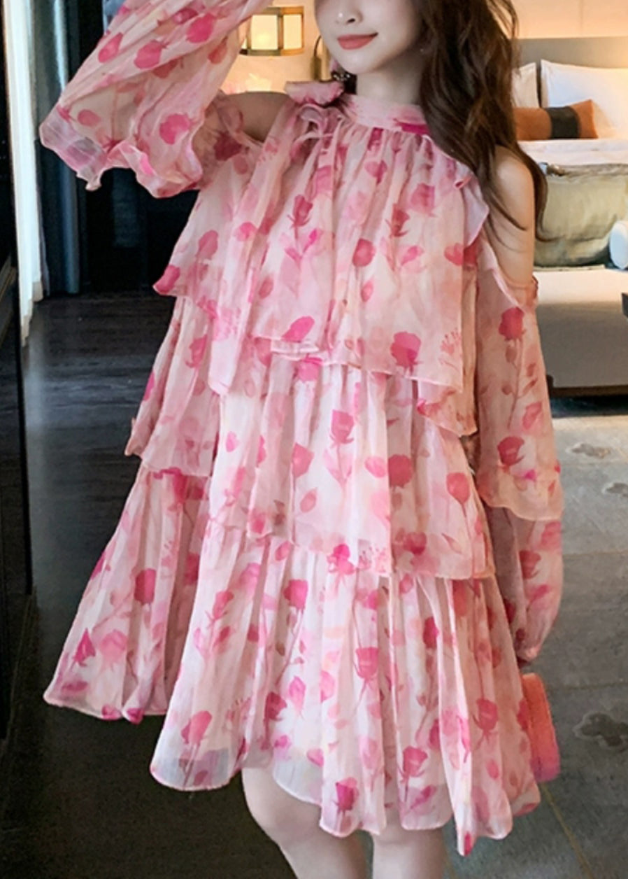 Beautiful Pink Cold Shoulder Print Chiffon Mid Dress Summer