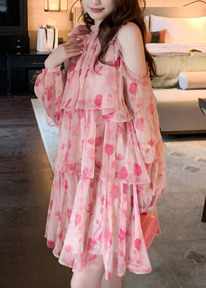 Beautiful Pink Cold Shoulder Print Chiffon Mid Dress Summer