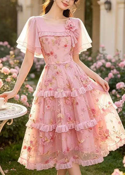 Beautiful Pink Embroidered Ruffled Tulle Maxi Dresses Summer