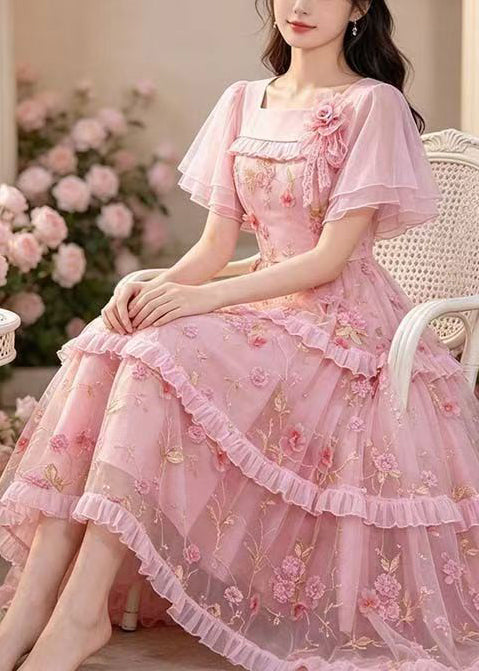 Beautiful Pink Embroidered Ruffled Tulle Maxi Dresses Summer