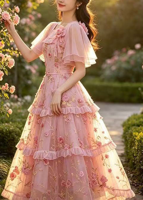 Beautiful Pink Embroidered Ruffled Tulle Maxi Dresses Summer