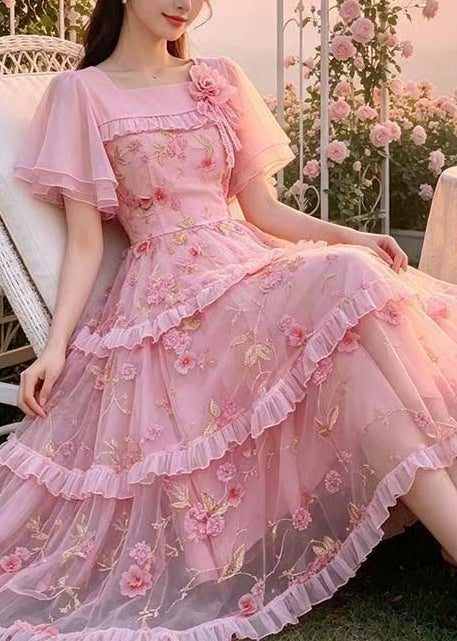 Beautiful Pink Embroidered Ruffled Tulle Maxi Dresses Summer