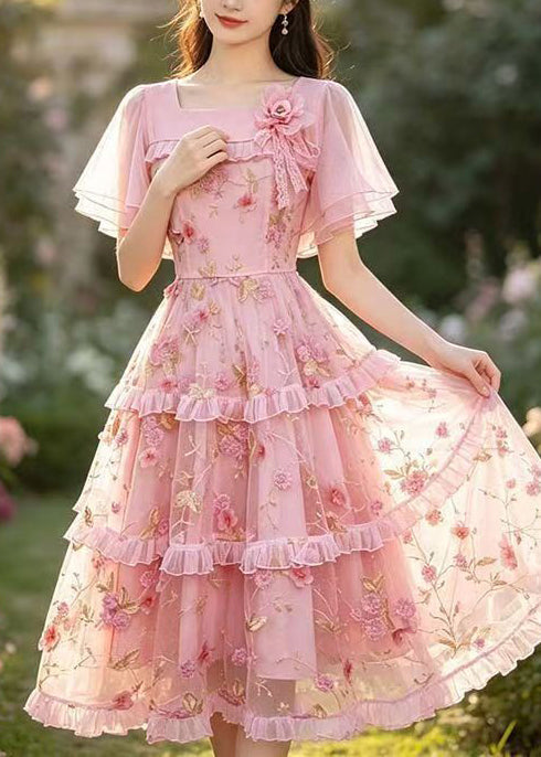 Beautiful Pink Embroidered Ruffled Tulle Maxi Dresses Summer
