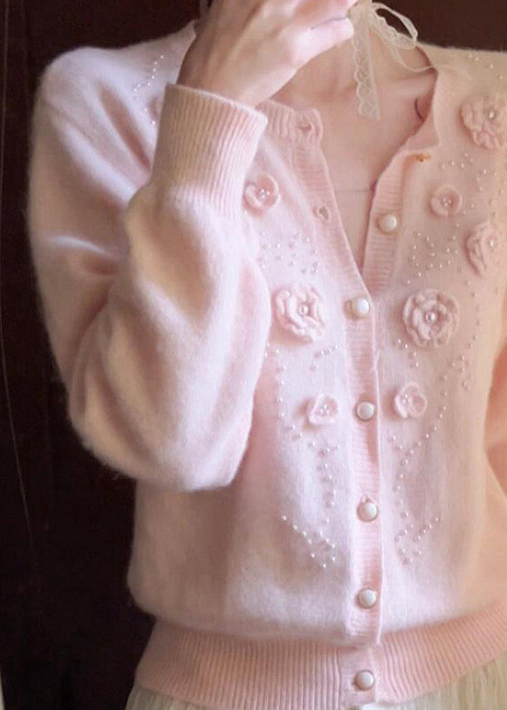 Beautiful Pink Floral Decorated Nail Bead Knit Cardigan Winter