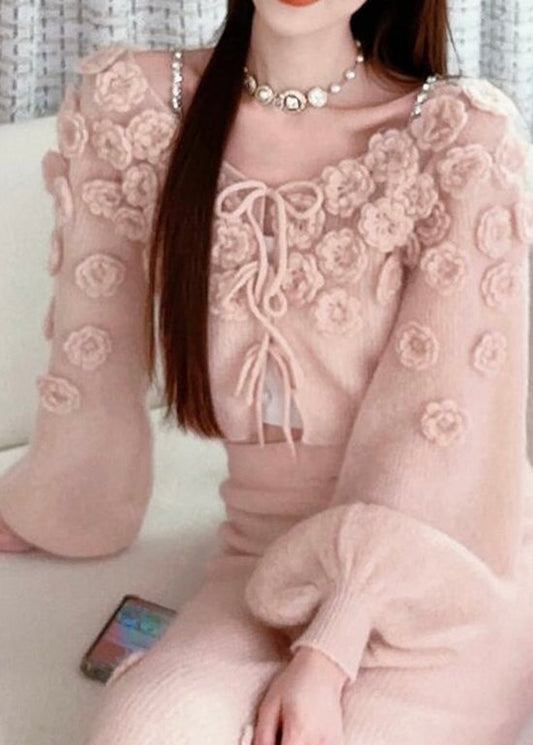 Beautiful Pink Floral Lace Up Knit Sweaters Spring