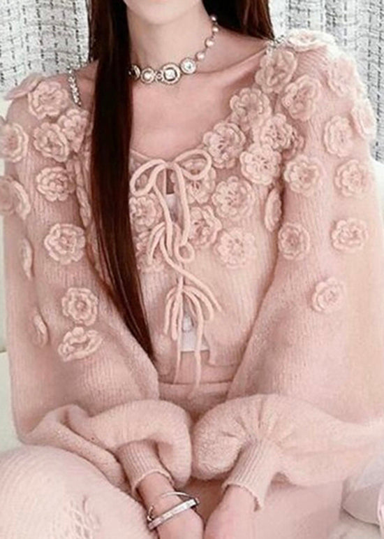 Beautiful Pink Floral Lace Up Knit Sweaters Spring