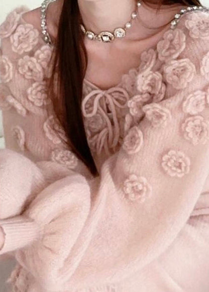 Beautiful Pink Floral Lace Up Knit Sweaters Spring