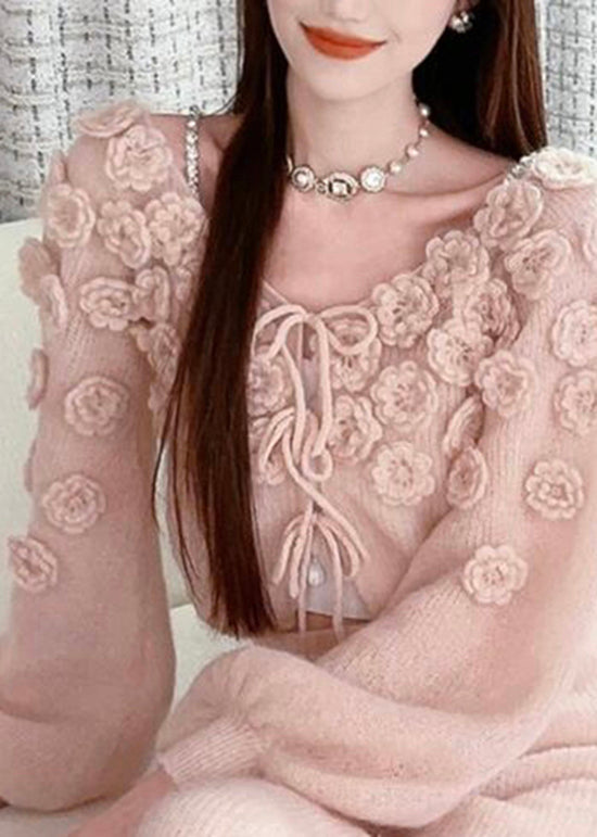 Beautiful Pink Floral Lace Up Knit Sweaters Spring