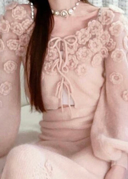 Beautiful Pink Floral Lace Up Knit Sweaters Spring