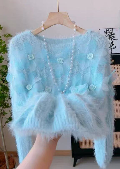 Beautiful Pink Floral Mink Velvet Knit Sweater Tops Winter