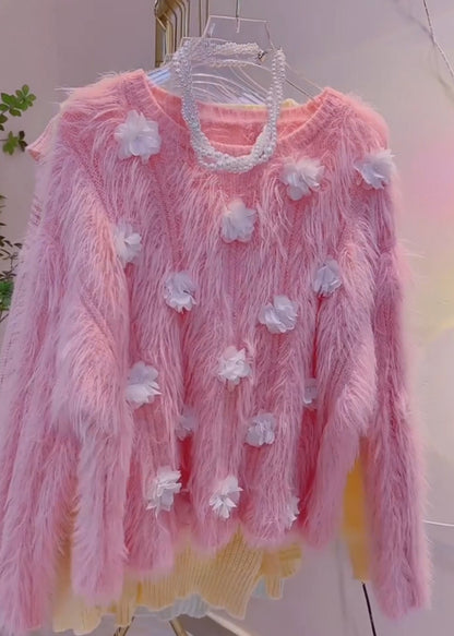 Beautiful Pink Floral Mink Velvet Knit Sweater Tops Winter