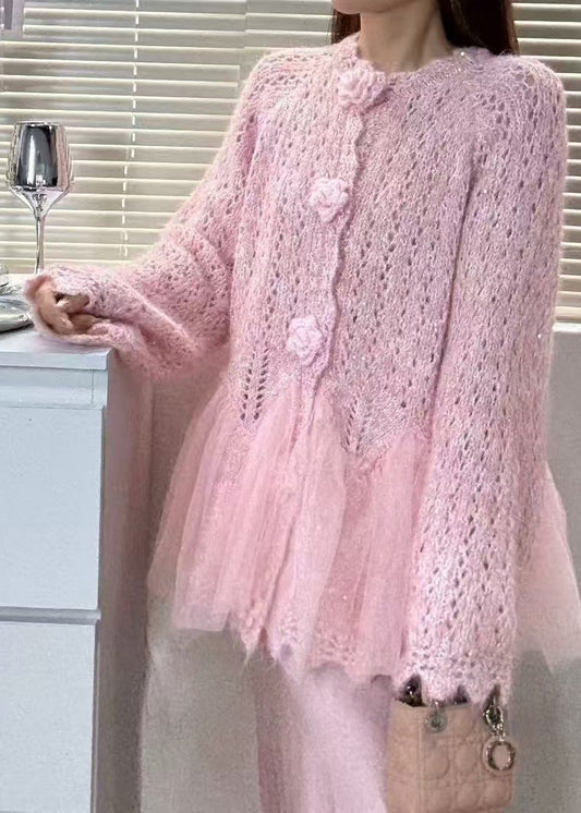 Beautiful Pink Flower Patchwork Tulle Knit Cardigans Winter