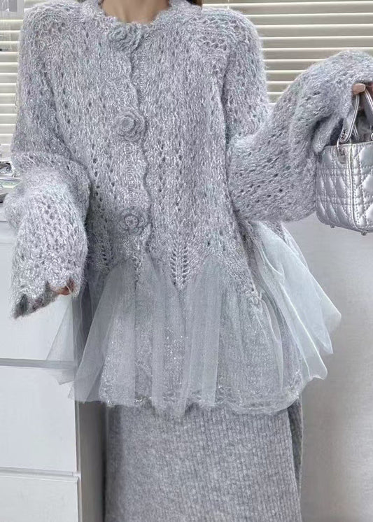 Beautiful Pink Flower Patchwork Tulle Knit Cardigans Winter