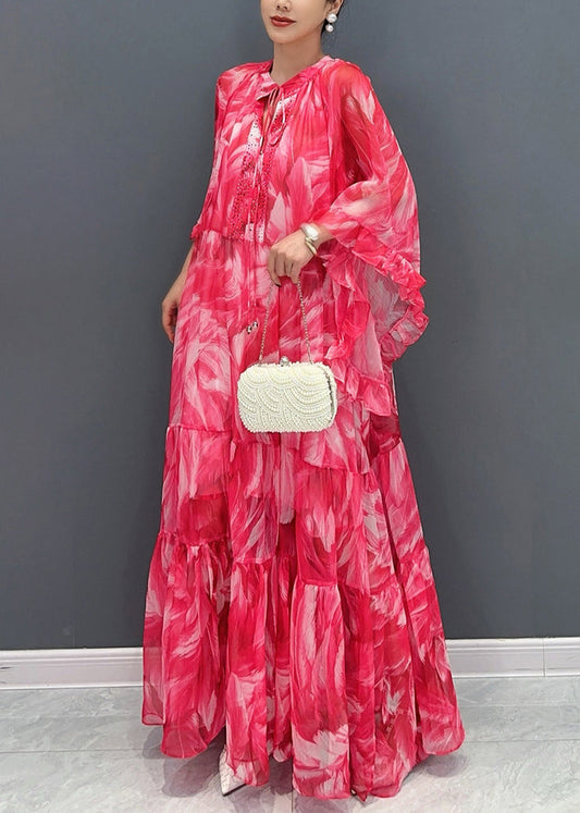 Beautiful Pink Flower Ruffled Chiffon Maxi Dress Batwing Sleeve
