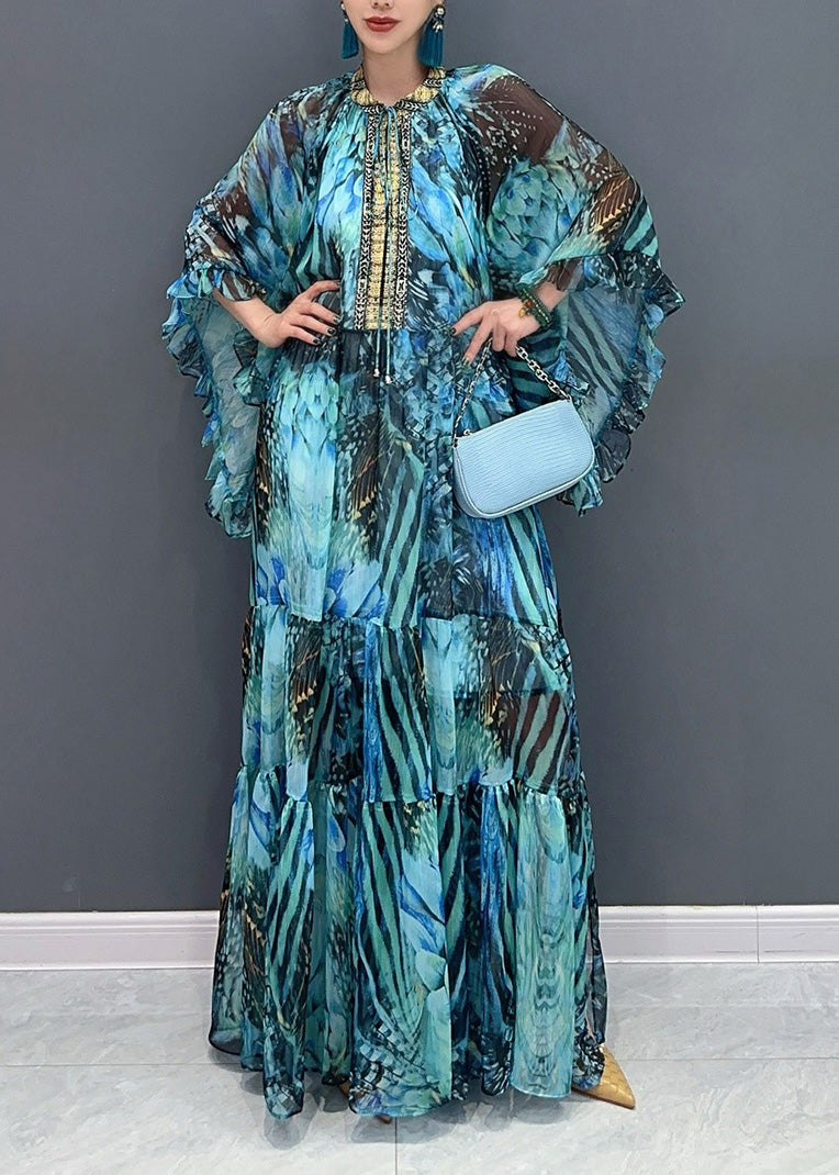 Beautiful Pink Flower Ruffled Chiffon Maxi Dress Batwing Sleeve