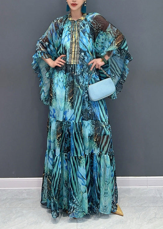 Beautiful Pink Flower Ruffled Chiffon Maxi Dress Batwing Sleeve