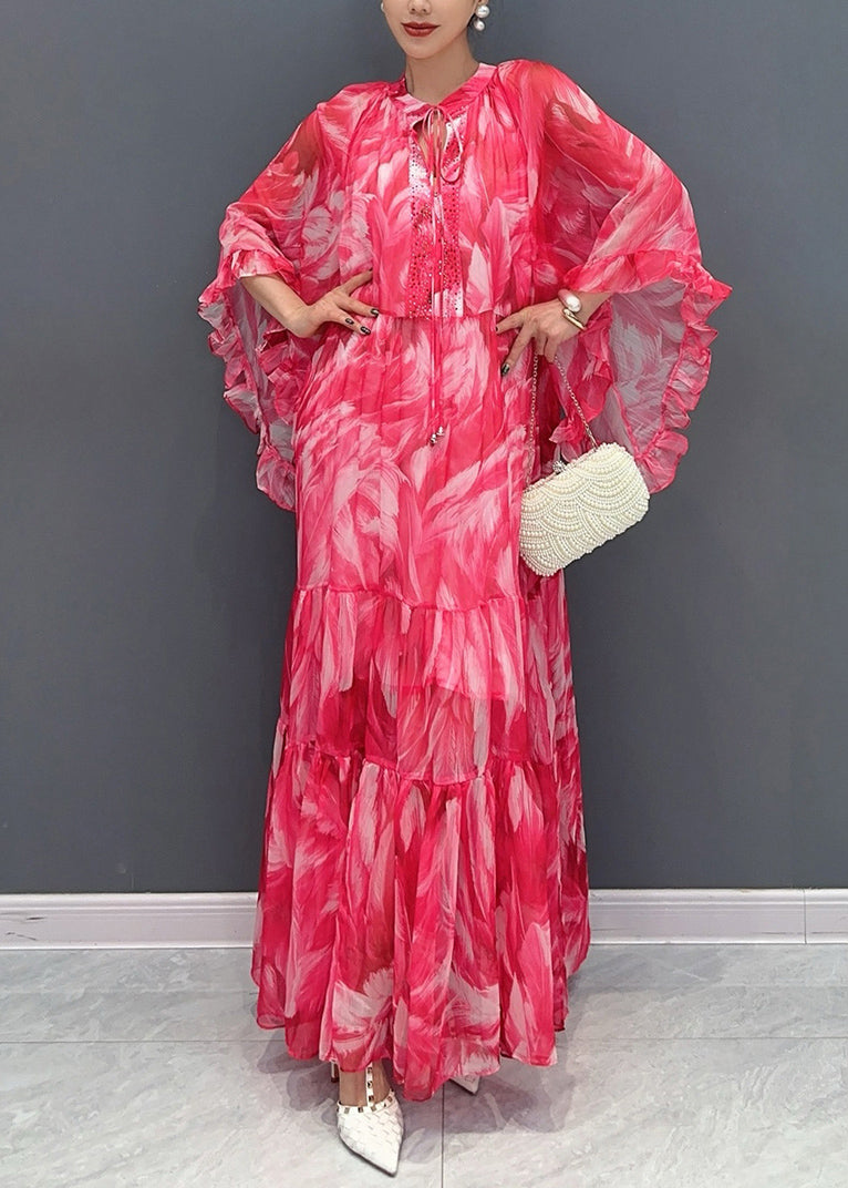 Beautiful Pink Flower Ruffled Chiffon Maxi Dress Batwing Sleeve